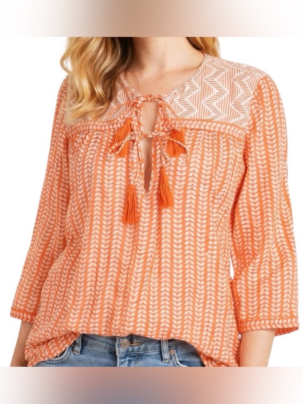 Oliphant Tuckernuck Orange Tassel Tie Blouse Small Bohemian cotton